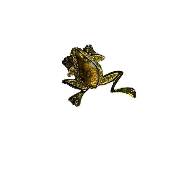 Vtg Lauren Conrad Enamel Leaping Frog Brooch Gold Tone Rhinestone Pin Signed LC - Picture 7 of 12